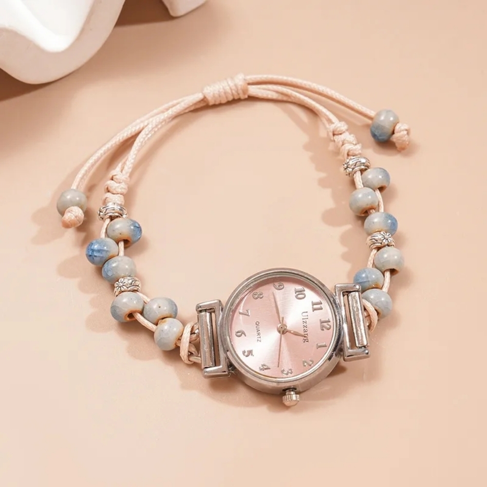 Ceramic Pink Dial Beaded Watch With Wax Rope
